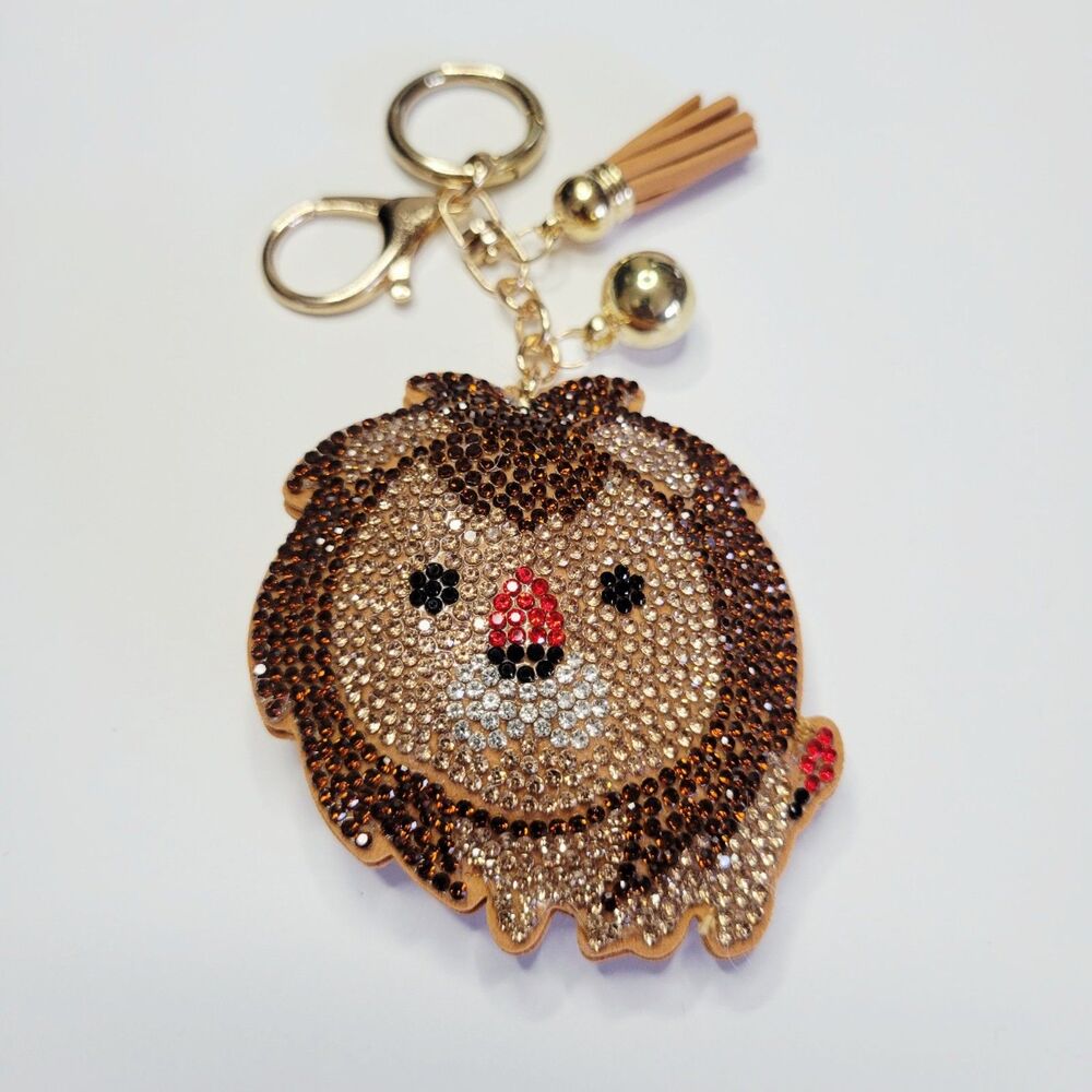 NWT Large Gold And Brown Leo The Lion Rhinestone Keychain Bag Charm With Tassel
